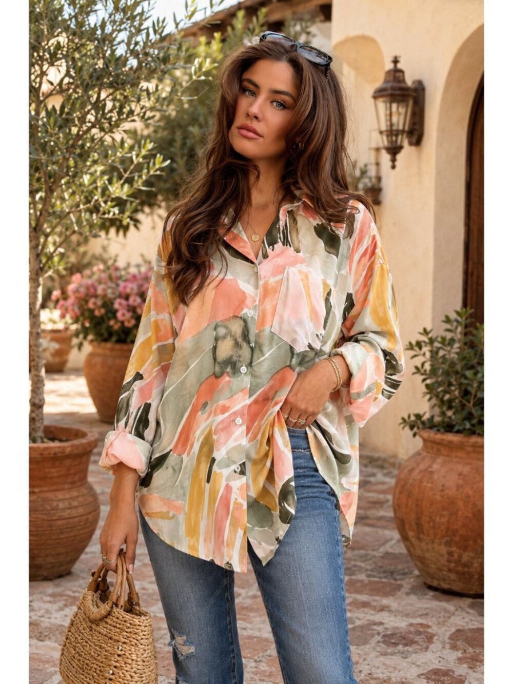 Villa Rosé Oversized Button Down Shirt in Watercolor Watermelon Medium